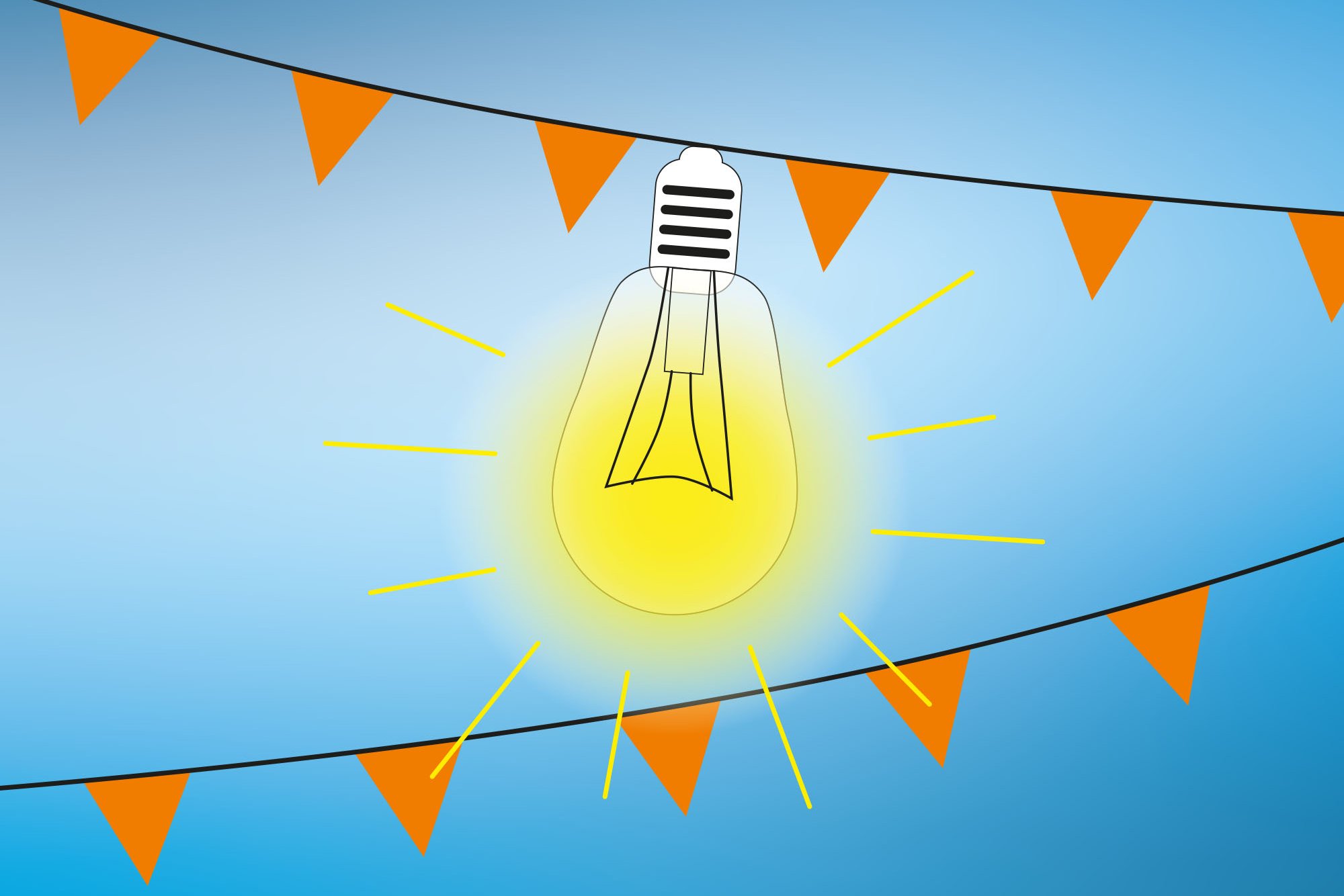 Illustration einer strahlenden Glühbirne, die an einer Wimpelkette hängt